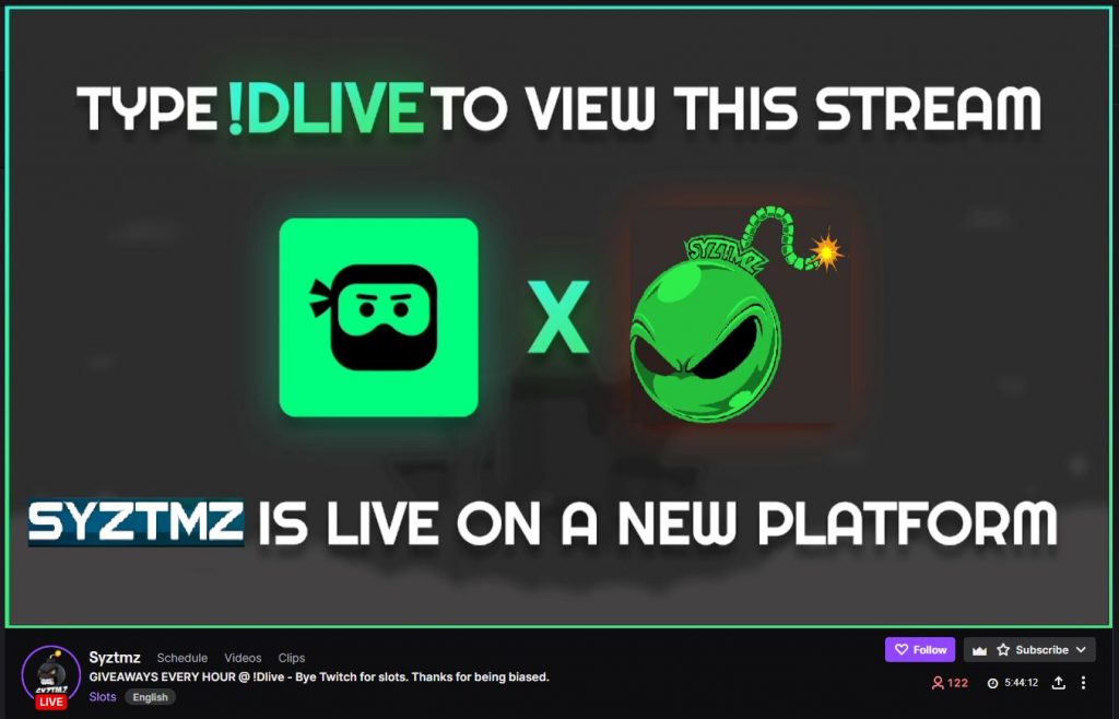 Twitch Syztmz live stream promoting DLive
