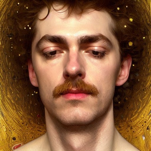 An AI-generated digital painting of a white male with a golden background.