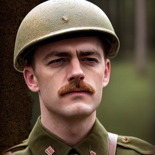 An AI-generated digital painting of a white male with a mustache, dressed in a generic soldier’s uniform from the early 20th century.