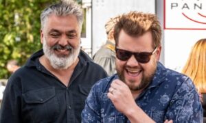 Jez Butterworth and James Corden on the set of Mammals.
