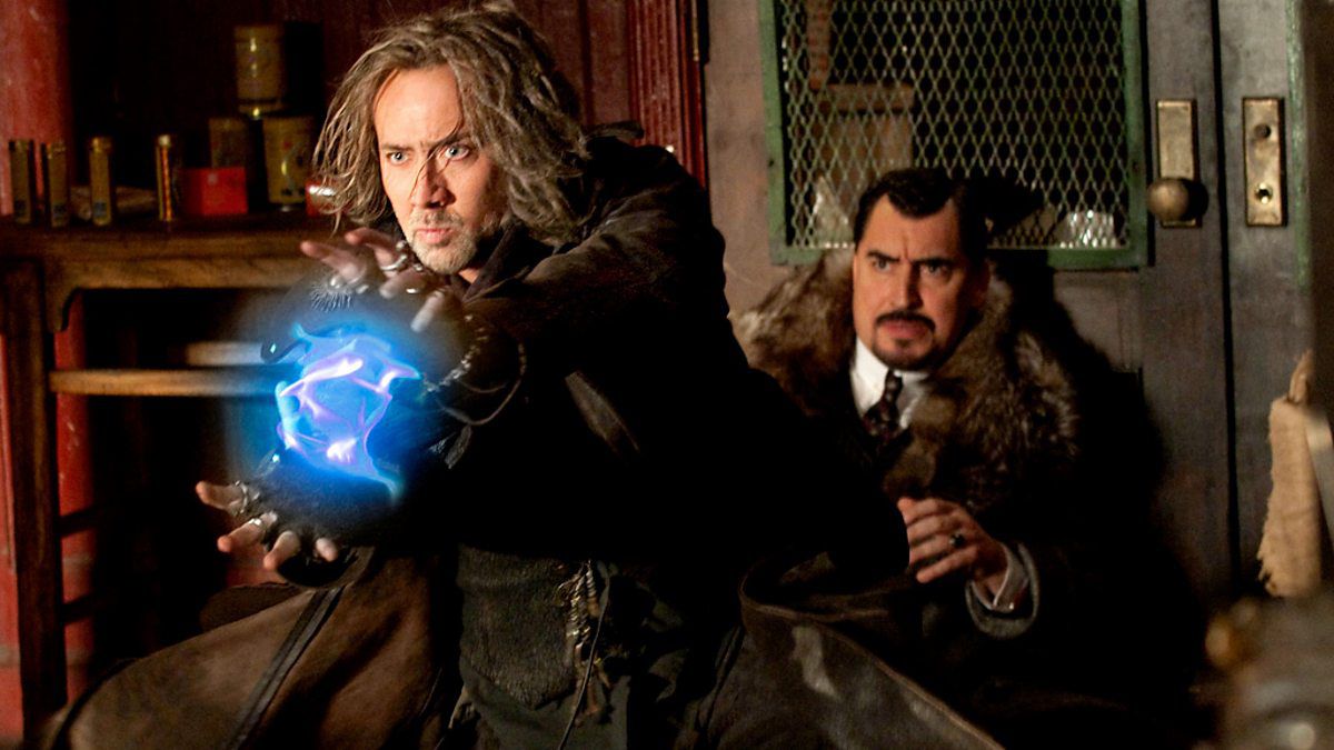 Balthazar (Nicolas Cage) casting a spell while defend Horvath (Alfred Molina) in The Sorcerer’s Apprentice.