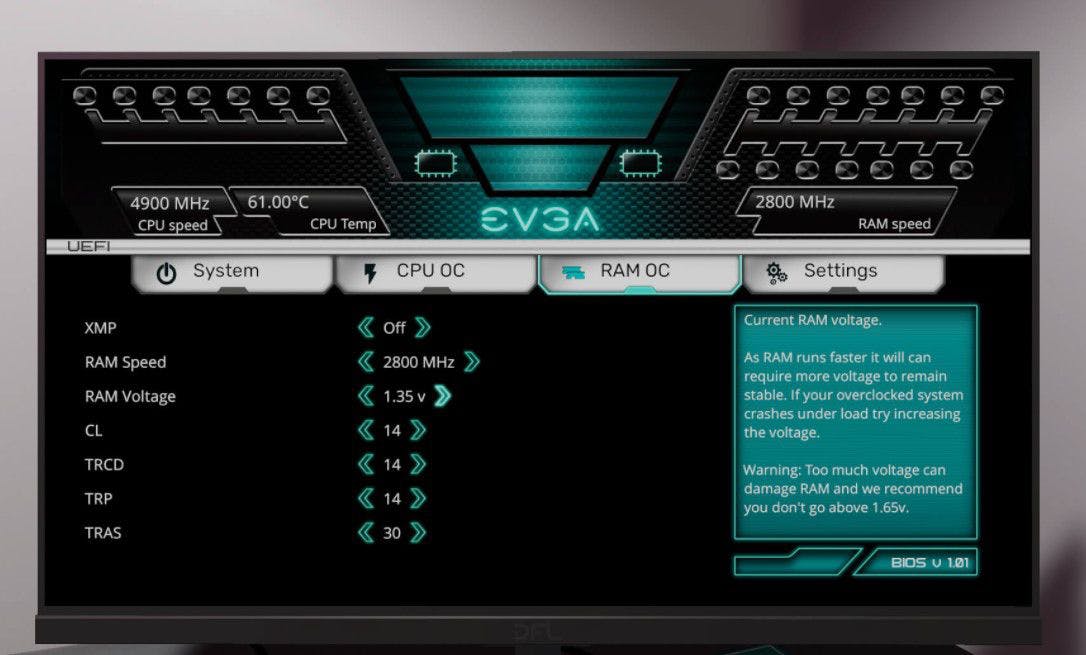 A screenshot of PC Building Simulator 2 showing EVGA motherboard BIOS