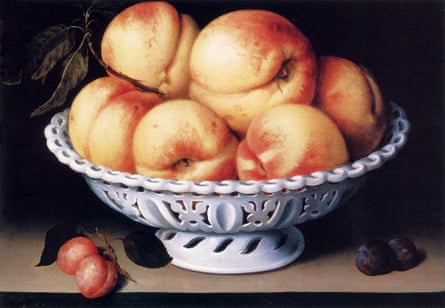 Fede Galizia’s White Ceramic Bowl with Peaches and Red and Blue Plums.