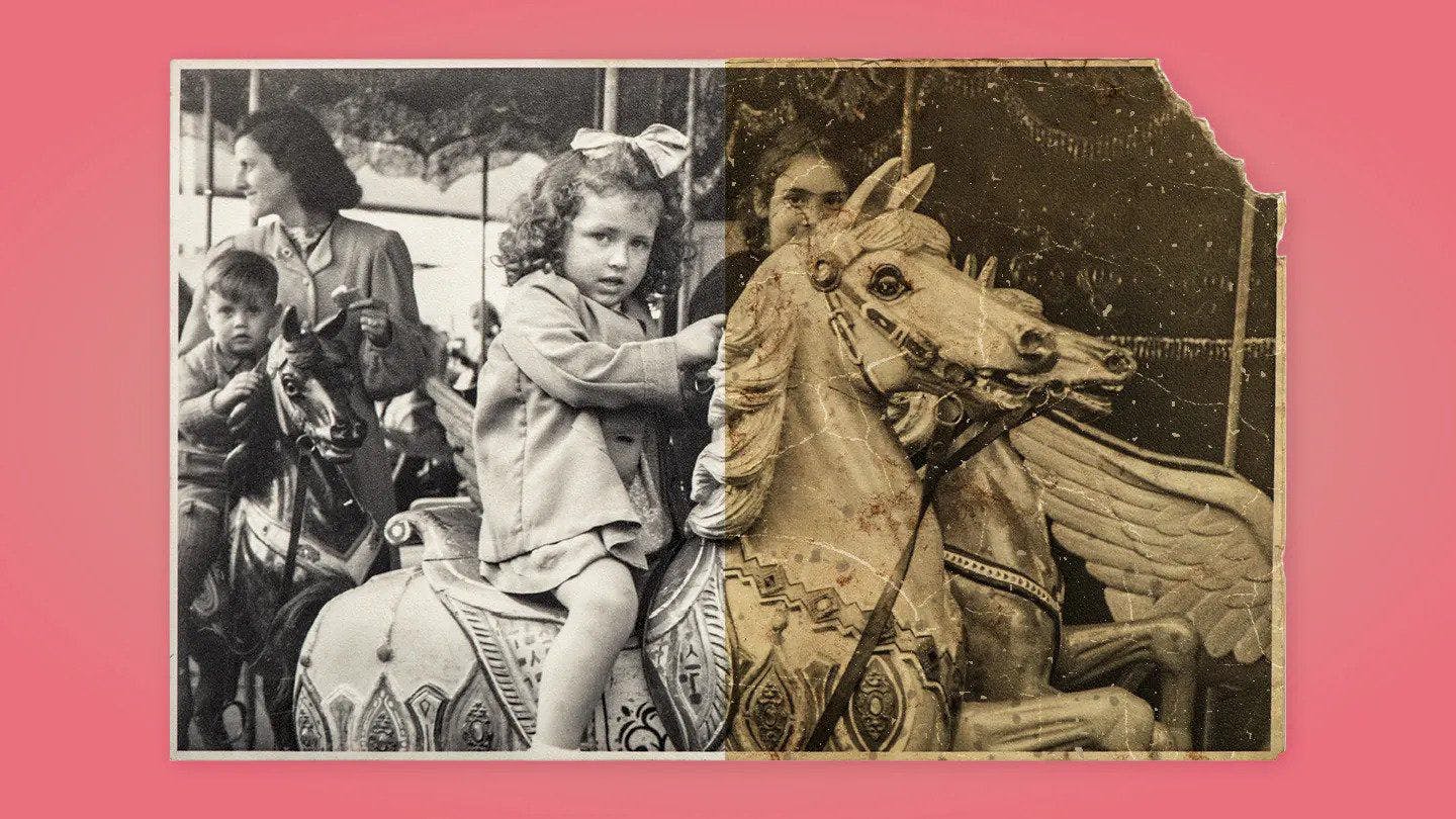 A black and white image of people on a Carousel, with a clear seam down the middle showing a before and after of the image restoration.