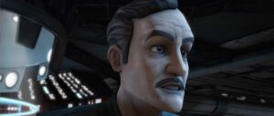 A younger Wullf Yularen with black mustache grimaces on the bridge of an Imperial starship in Star Wars: The Clone Wars