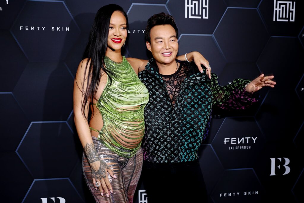 LOS ANGELES, CALIFORNIA - FEBRUARY 11: (L-R) Rihanna and Kane Lim celebrate Fenty Beauty & Fenty Skin at Goya Studios on February 11, 2022 in Los Angeles, California. (Photo by Rich Fury/Getty Images for Fenty Beauty & Fenty Skin)
