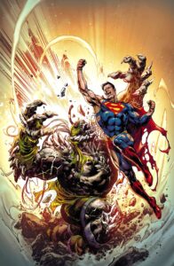 A tattered Superman clobbers Doomsday with an uppercut on a variant cover for The Death of Superman 30th Anniversary Deluxe Edition (2022).