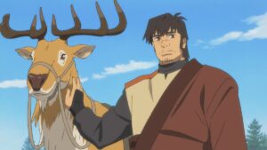 Van, a scruffy man in his 40s wearing a brown and tan robe, puts one hand on his deer companion while looking forlorn