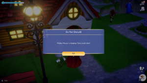 A popup window in Disney Dreamlight Valley that says “Mickey Mouse is sleeping. Come back later!” The player is trying to enter Mickey’s house.