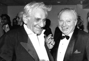 Leonard Bernstein with Isaac Stern backstage at Carnegie Hall in an undated photo.
