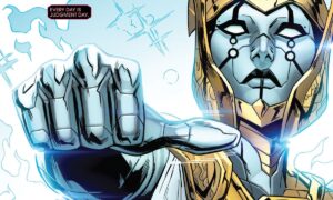 Ajak Celestia, the Eternal merged with a Celestial, raises her hand, thumb extended and horizontal, waiting. “Every day is Judgment Day,” reads a narration panel in AXE: Judgment Day #6 (2022).