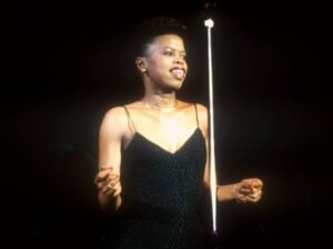 Joyce Sims performing in London in 1988, the year that her single and album, both entitled Come Into My Life, went gold in the UK.