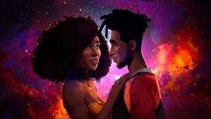 A woman with an afro in a yellow dress staring deeply at a man with dreadlocks against the backdrop of a cosmic gas giants.