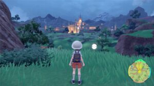 A pokémon trainer looking out over a scenic vista where a castle’s viewable in the distance.