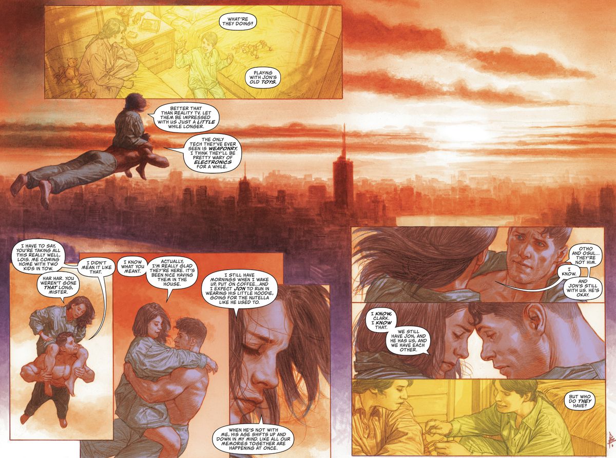 Lois Lane and Superman discuss the changes to their lives after his return from space with two young Kryptonian children, while hovering above Metropolis during a beautifully rendered sunset in Action Comics #1047 (2022). 
