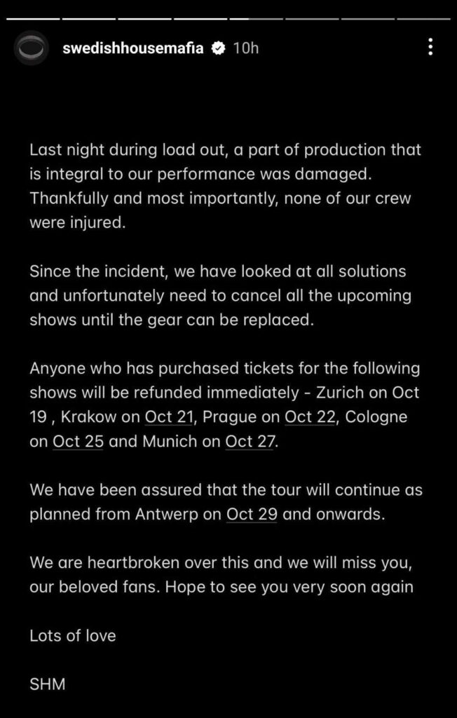 Swedish House Mafia cancel five more shows due to irreparable damage to production