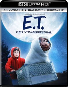 The box cover for 4k Ultra HD E.T. The Extra-Terrestrial with Elliot driving ET on his bike in front of the moon