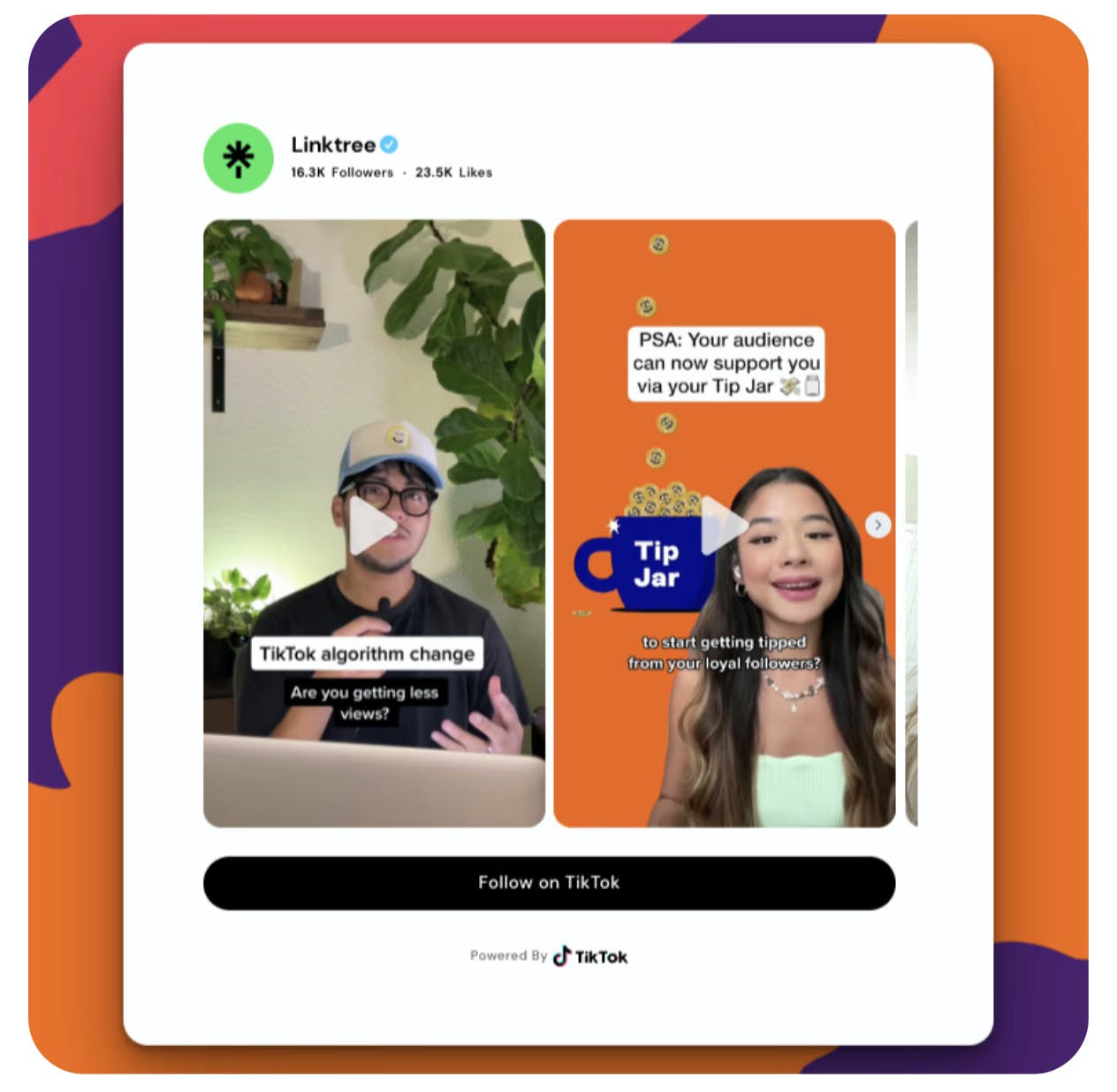 A TikTok/Linktree integration showing two TikTok videos in a widget on a Linktree landing page.