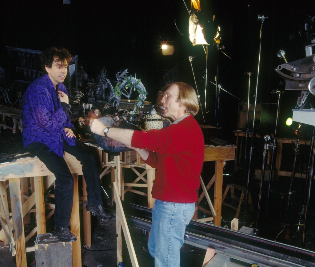Writer-producer Tim Burton and director Henry Selick in a file photo, working together on the set of 1993’s The Nightmare Before Christmas