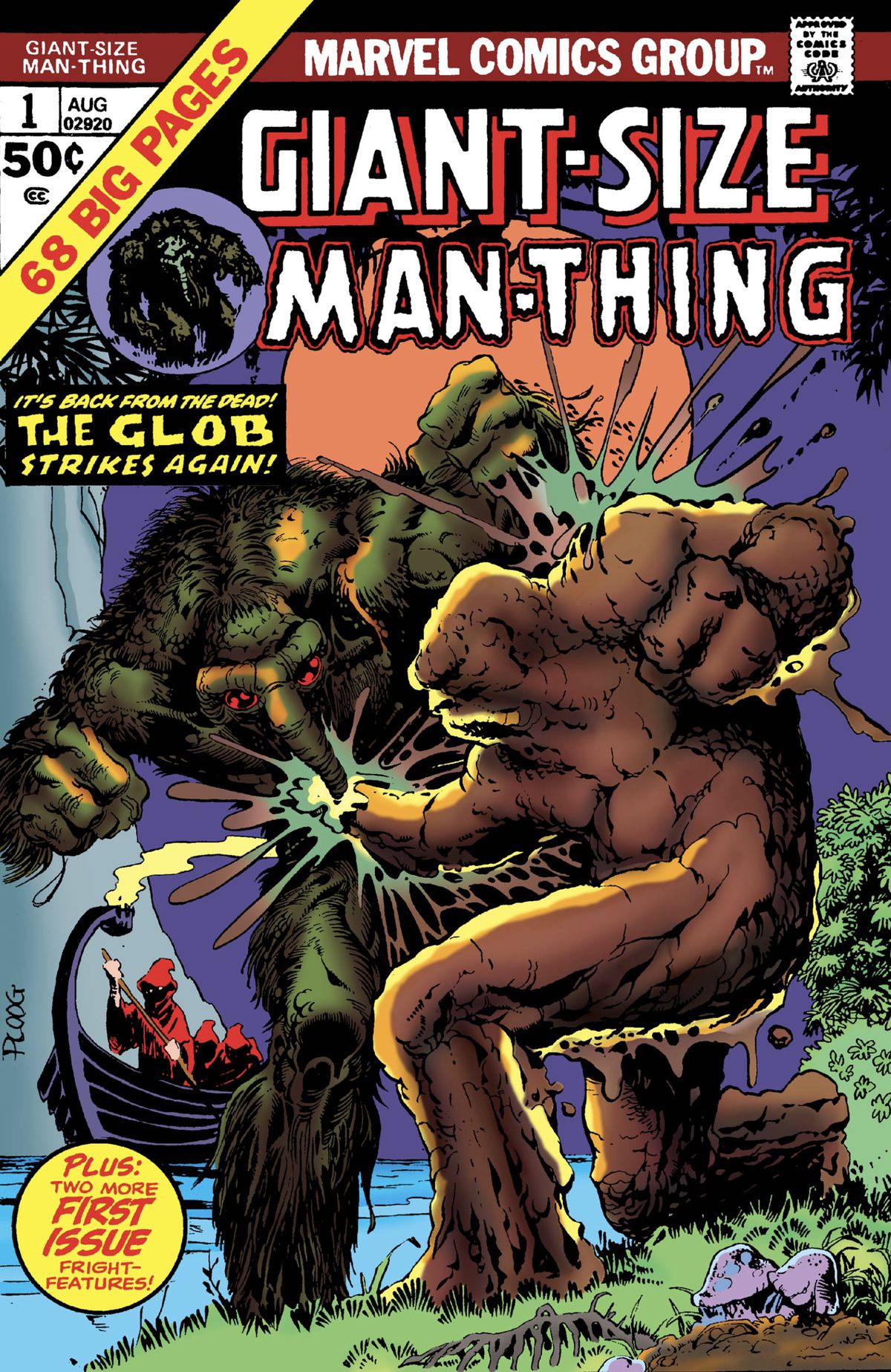 Man-Thing and the Glob battle it out in a swamp on the cover of the 68-page issue, Giant-Size Man-Thing #1 (1974).