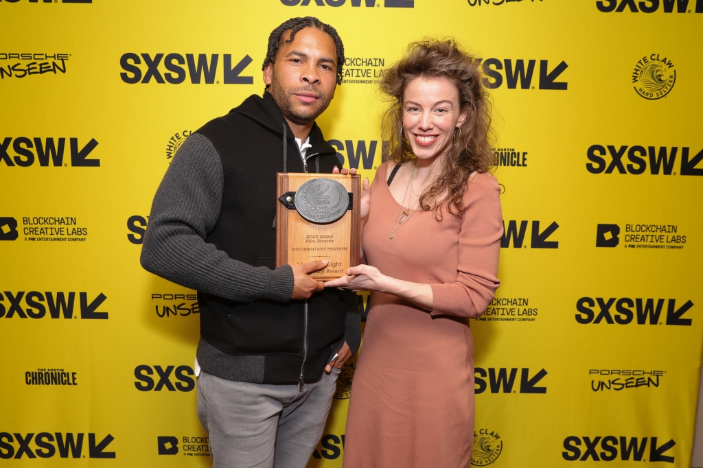 George Anthony Morton and Rosa Ruth Boesten pose with award for the Documentary Feature Competition for ‘Master of Light’ at the SXSW Film Awards on March 15, 2022 in Austin, Texas.