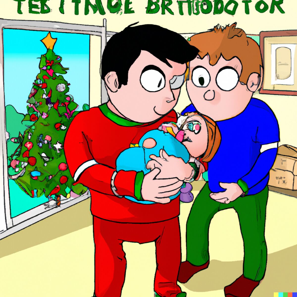 Two men huddled around a baby in a room with a Christmas tree
