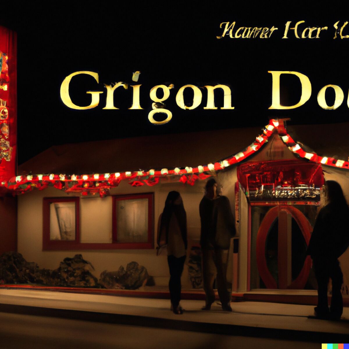 three people standing in front of a building with a sign that reads "Grigon Do"