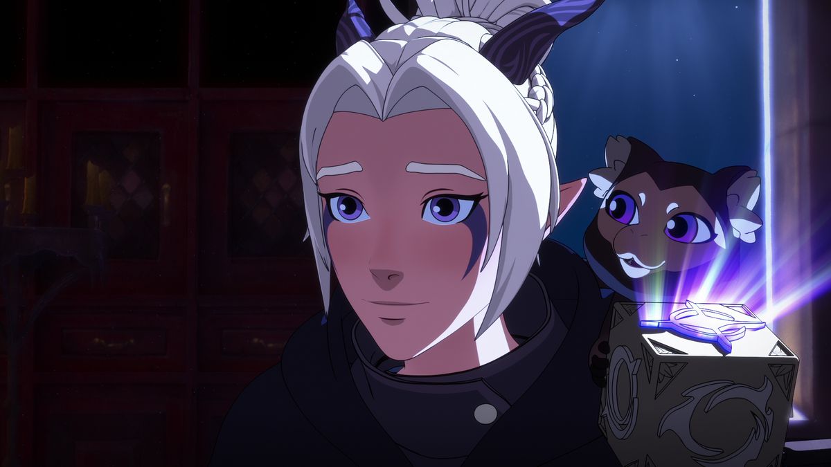 Rayla looks forward. She looks hesitant, but is smiling. A small monkey creature crouches on her back.