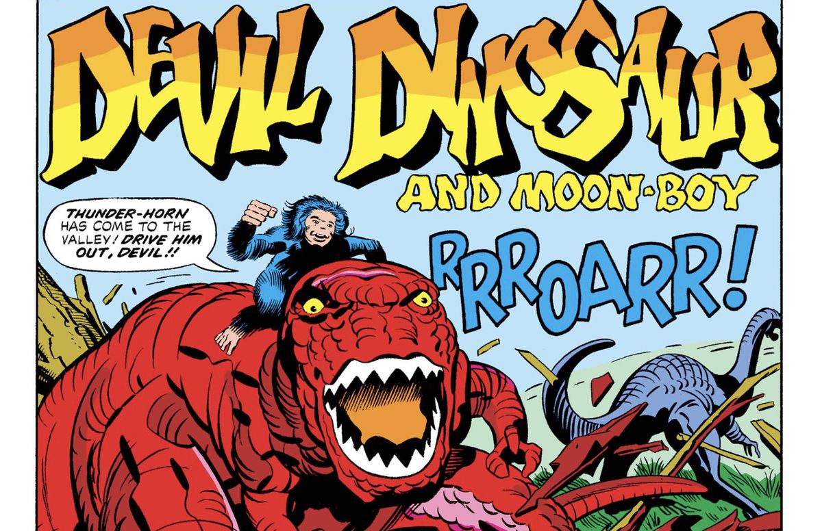 “Thunder-Horn has come to the valley! Drive him out, Devi!!” cries the hominid Moon Boy, as he rides astride on Devil Dinosaur in Devil Dinosaur #1 (1978). 