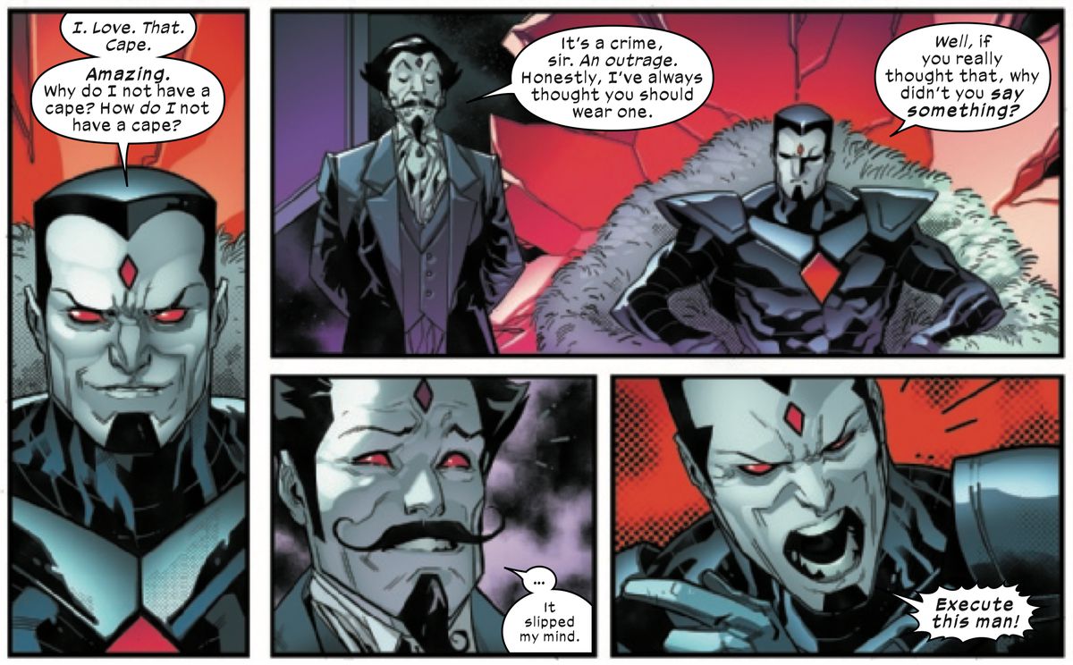Mister Sinister expresses desire for a cape, and then orders the execution of an advisor — who is also a clone of Mister Sinister — for not advising him to get a cape, in Powers of X #4, Marvel Comics (2019).