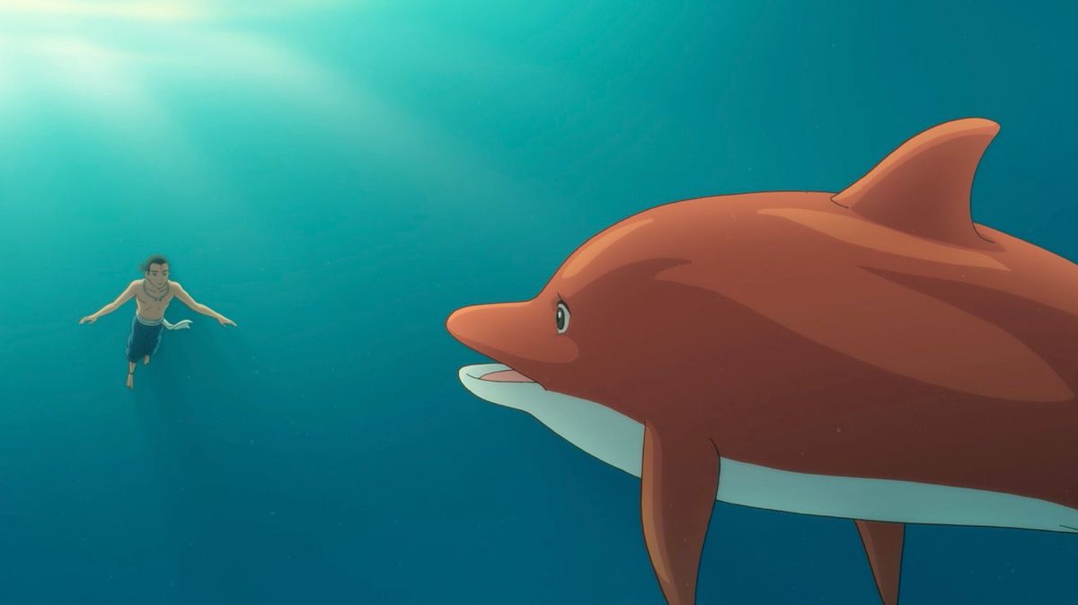 A young man swims next to a giant red whale in Big Fish &amp; Begonia.