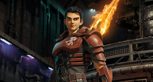 A young man wears red armor as fire blares in the background in New Gods: Nezha Reborn.