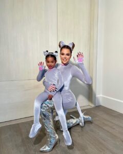 Khloé Kardashian and her daughter True Thompson at her cat-themed costume party