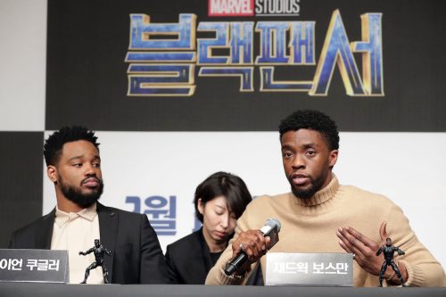 Ryan Coogler and Chawick Boseman at a press conference for the Seoul premiere of 