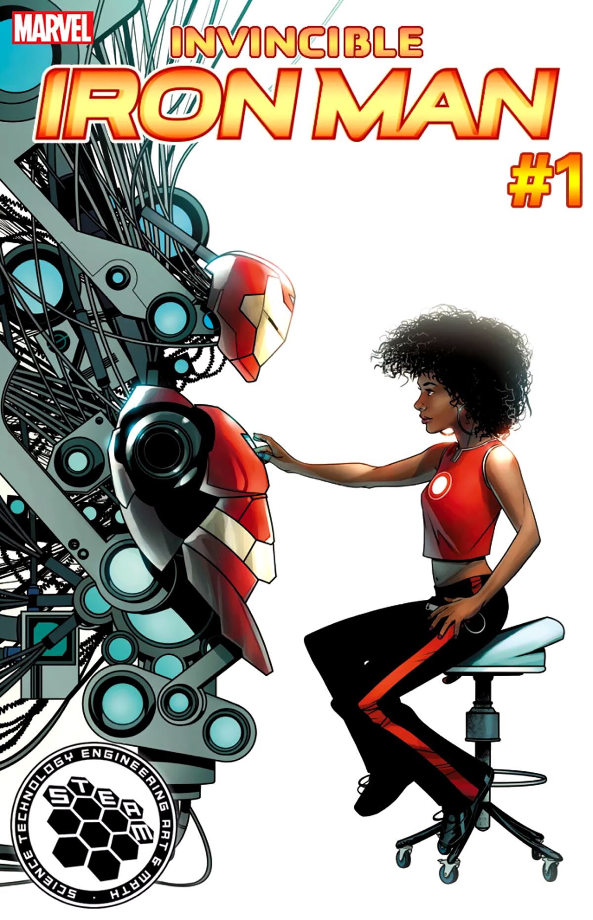 comic book cover image of a woman in a chair touching a suit of high-tech armor