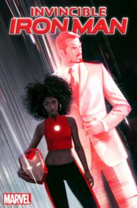 a comic book cover with a woman in workout clothes holding a superhero helmet, standing in front of a man in a suit