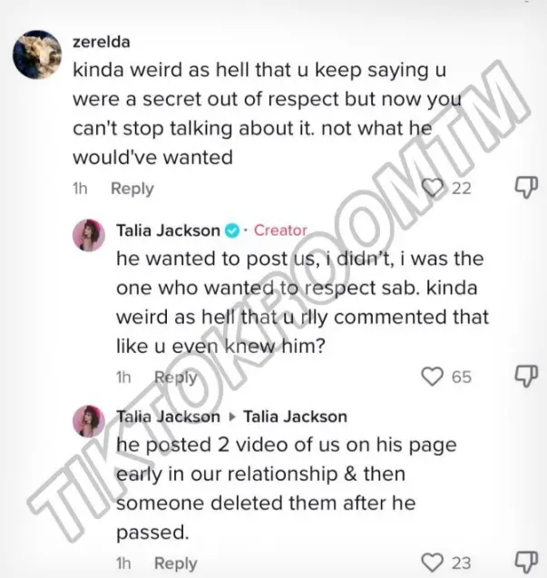 Talia Jackson responds to TikTok comments copy