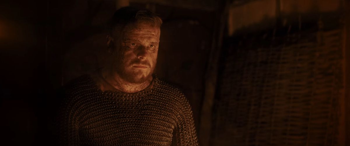 Philip Stevens as Harald Hardrada wearing chain mail in The Last Viking.