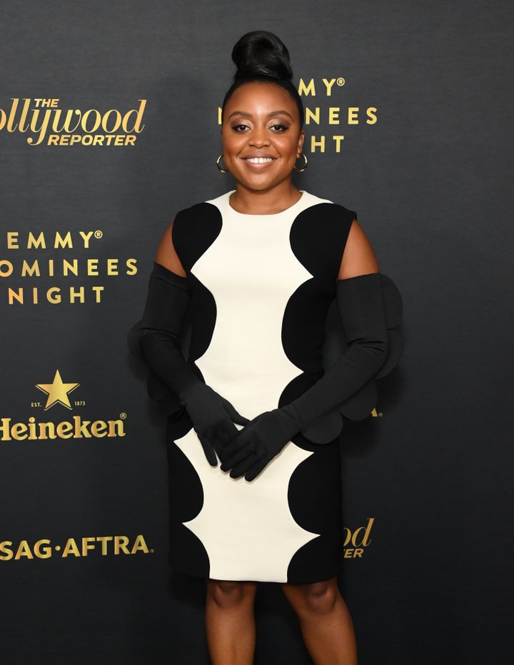 Quinta Brunson attends The Hollywood Reporter Emmy Party in a Peggy Hartanto dress.