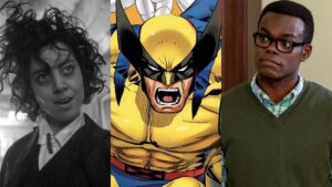 Aubrey Plaza in black and white on Legion, Wolverine from X-Men: The Animated Series, and Chidi from The Good Place