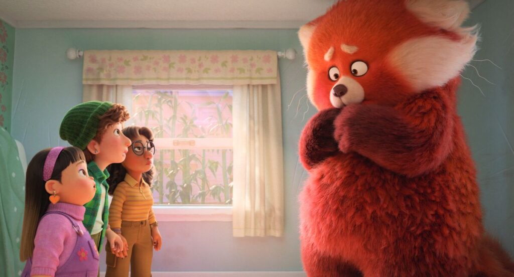 Three children stare at a concerned-looking giant red panda in the animated feature "Turning Red."
