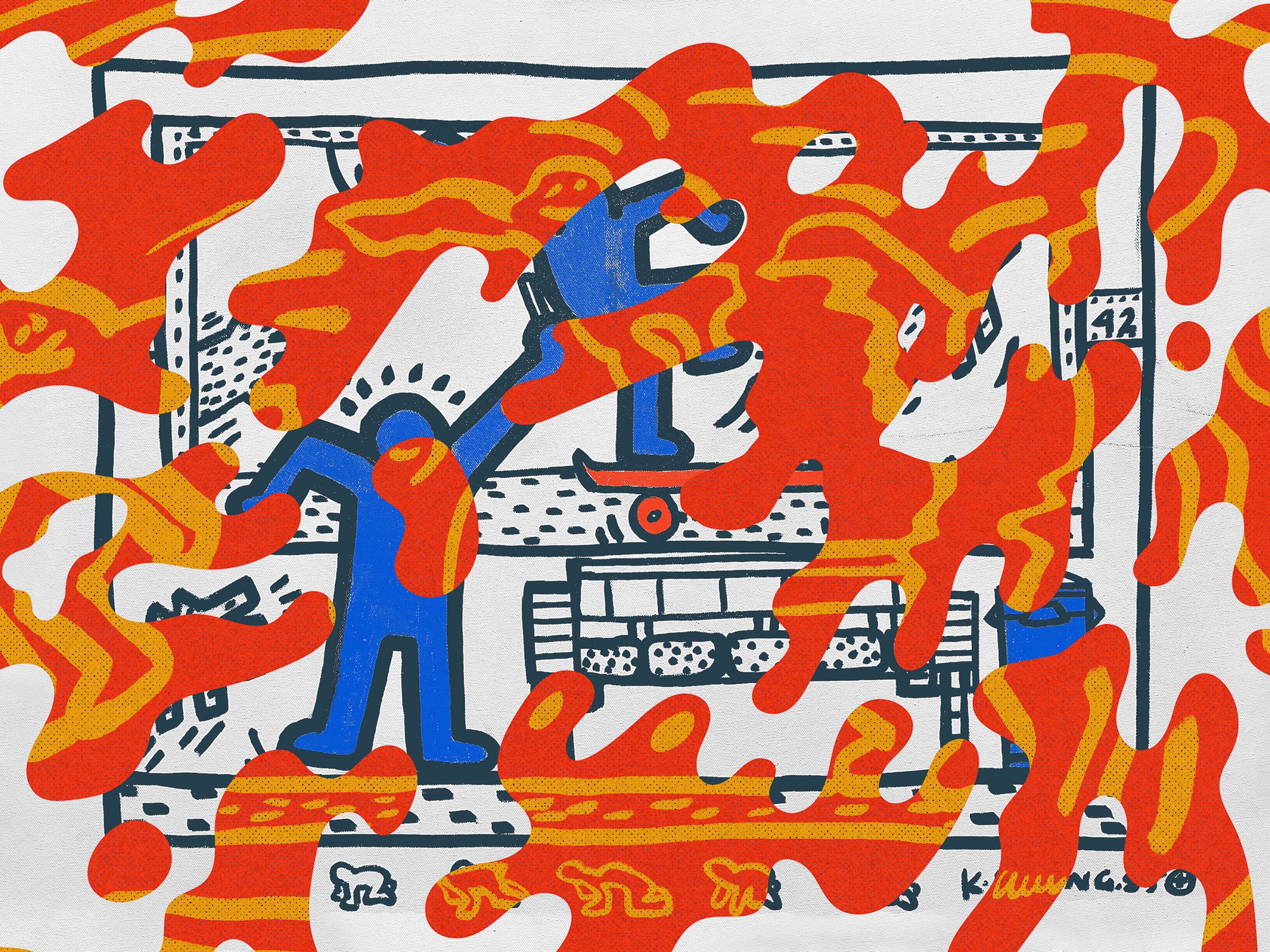 Two images of Keith Haring’s “Skateboarders” each in a different art style.