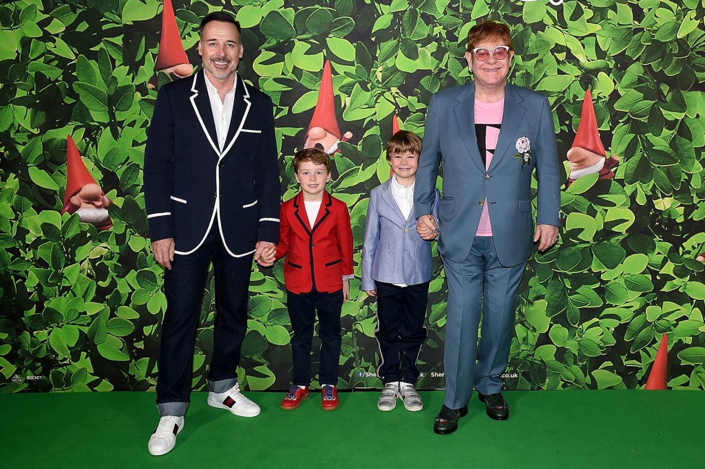 David Furnish (L) and Elton John with sons Elijah and Zachary attending the 'Sherlock Gnomes' London Family Gala hosted by Sir Elton John and David Furnish at Cineworld Leicester Square on April 22, 2018.