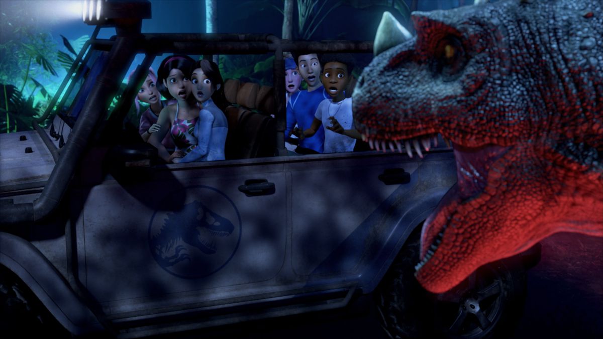 a group of teenagers in a jeep, an animatronic dino leering at them in the darkness