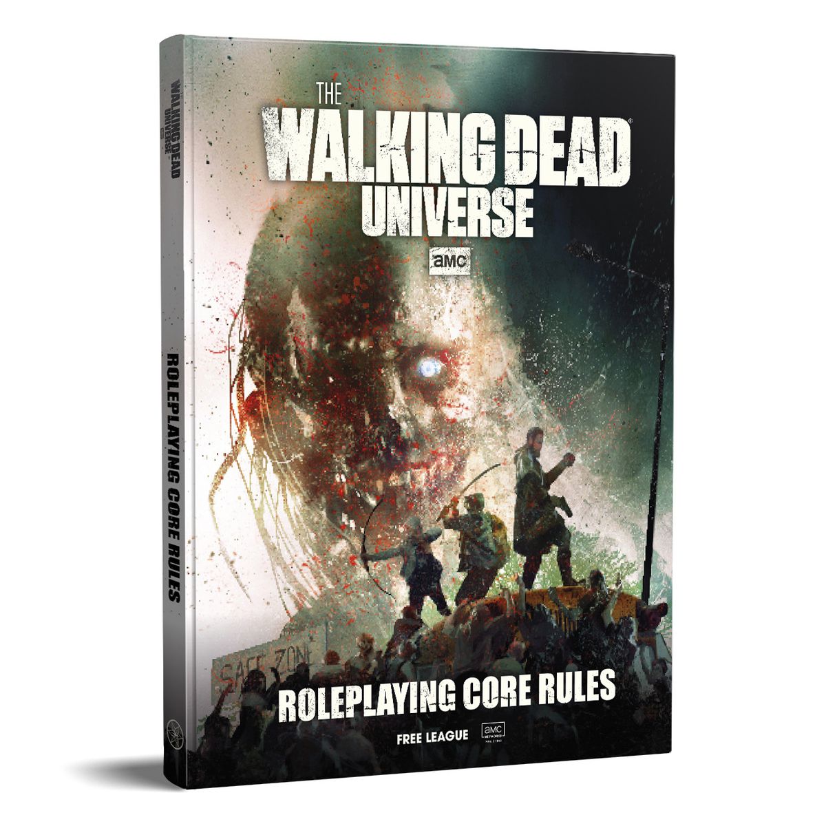A mockup of the book itself, featuring survivors making a last stand on top of a school bus. The title reads The Walking Dead Universe Roleplaying Core Rules.