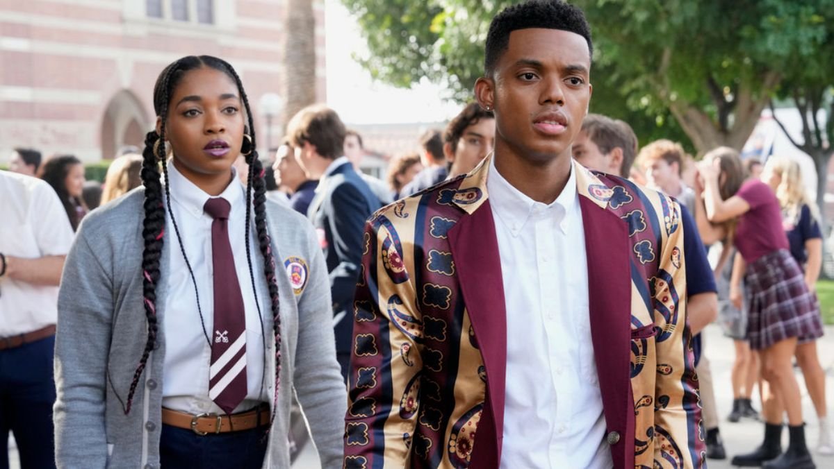 will and lisa from bel-air season two stand outside wearing academy uniforms in season two premiere date