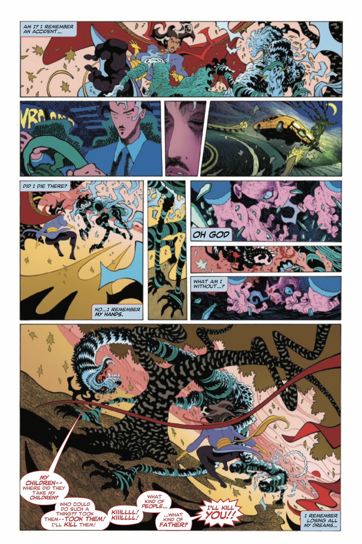A page from Doctor Strange #1 (Marvel Comics, 2022) where dreamlike scenes from Doctor Strange’s origin story are intercut with a scene in the present where Doctor Strange fights a ghost tiger.