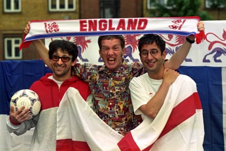 The way they were … (from left) Broudie, Skinner and Baddiel at a photocall announcing their new recorded version of the Three Lions to coincide with the 1998 World Cup.