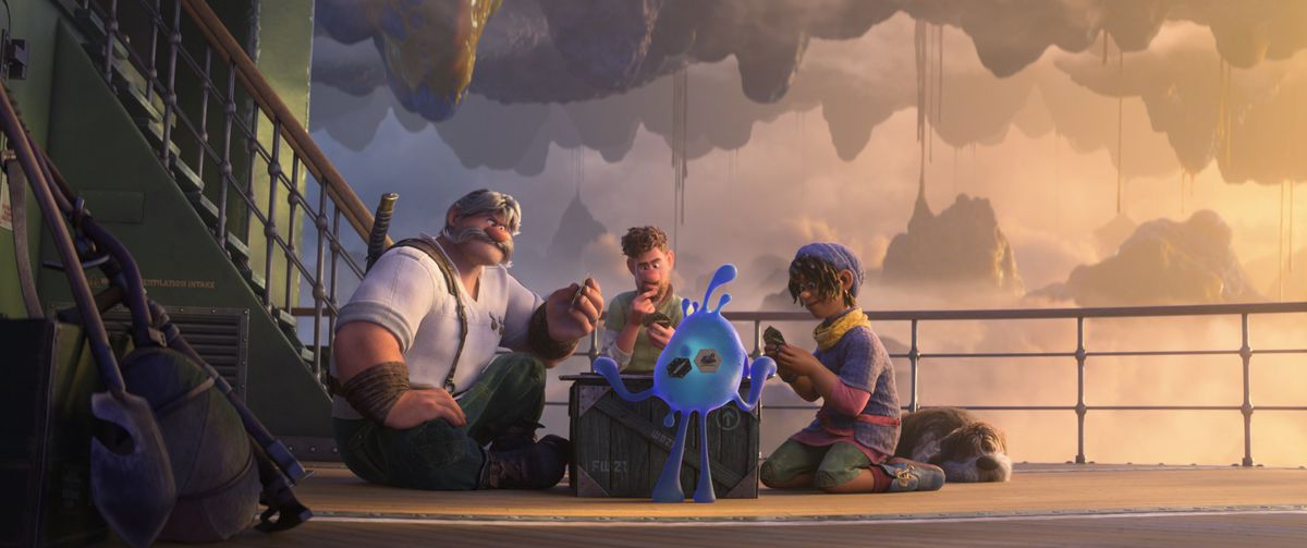 in a scene from Strange World on the deck of an airship, a large burly man, a smaller man, a teenager, and a blue amorphous blob play a card game