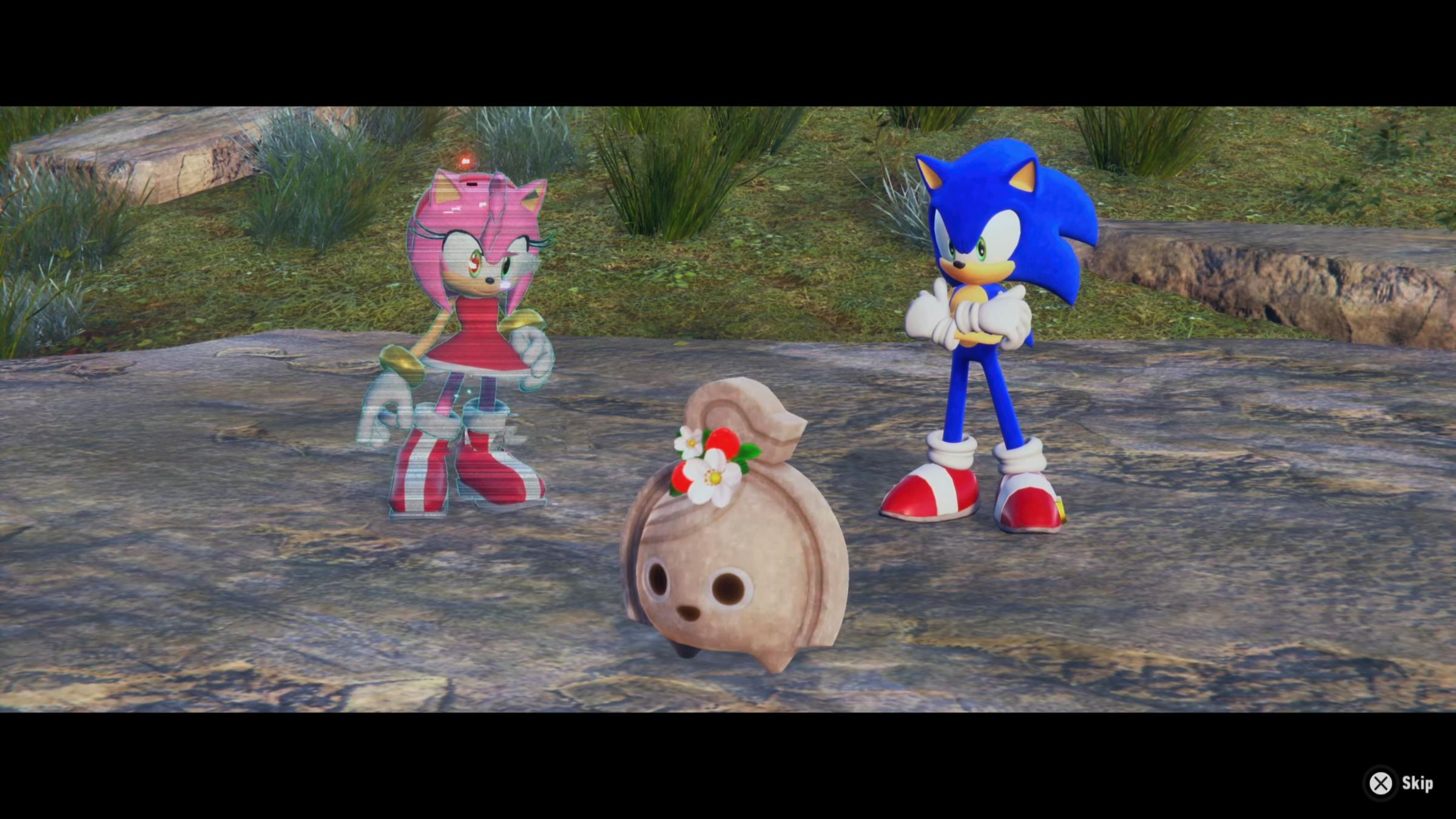 Screenshot from Sonic Frontiers featuring Amy a pink hedgehog, Sonic, a blue hedgehog, and a round stone automaton known as a Koco.
